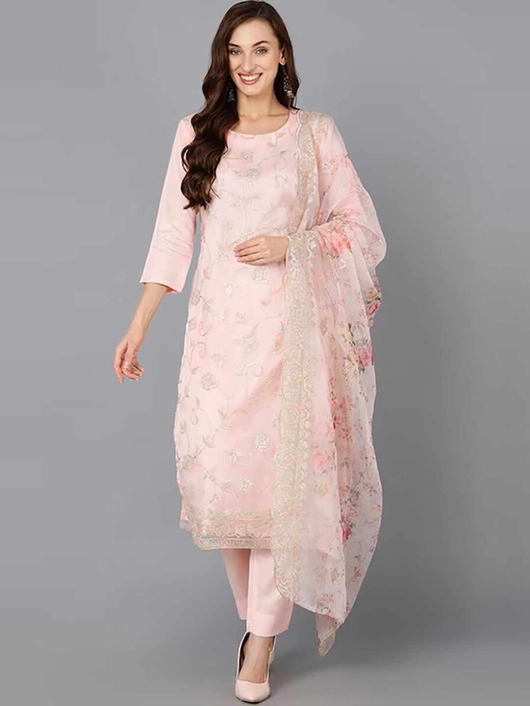 

KALINI Floral Woven Design Sequinned Kurta & Trousers With Dupatta, Peach