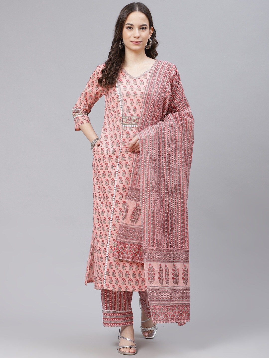 

KALINI Floral Printed Pure Cotton Kurta & Trousers With Dupatta, Pink