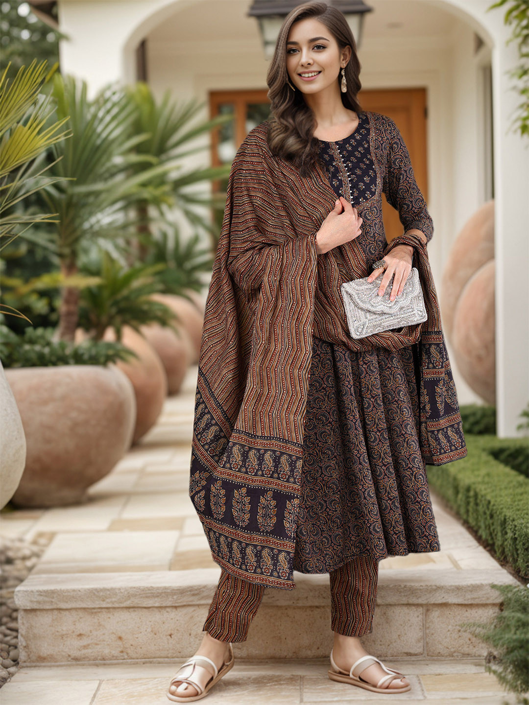 

KALINI Ethnic Motifs Printed Pure Cotton Kurta & Trousers With Dupatta, Violet