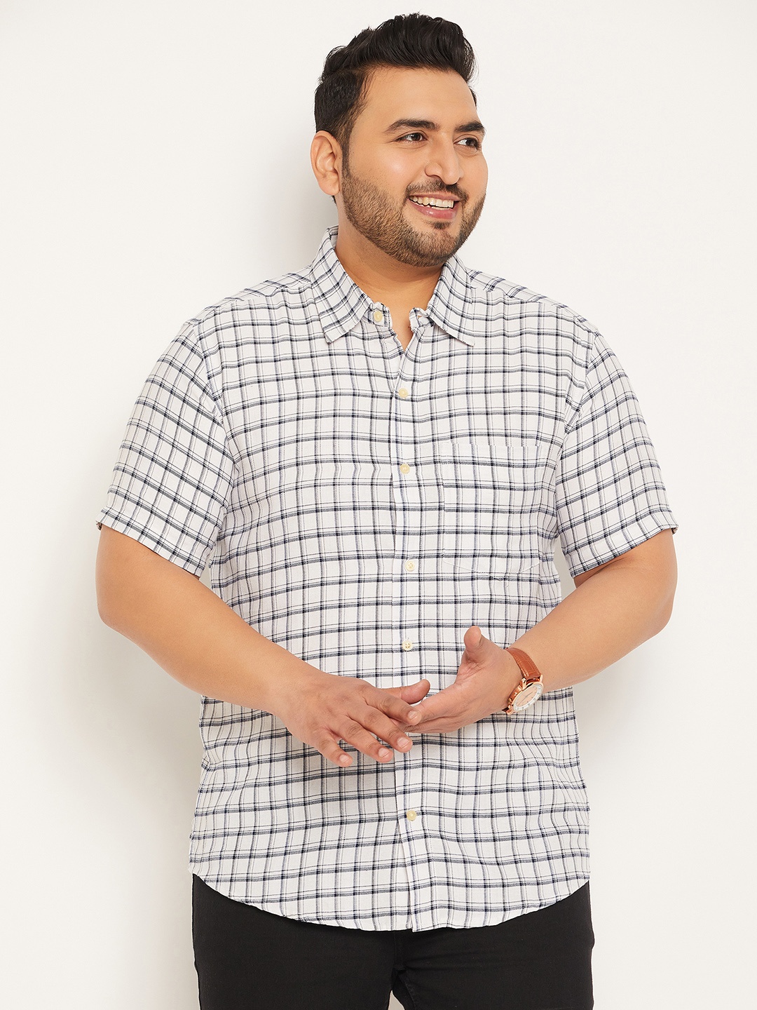 

bigbanana Plus Size Checked Spread Collar Short Sleeves Cotton Casual Shirt, White