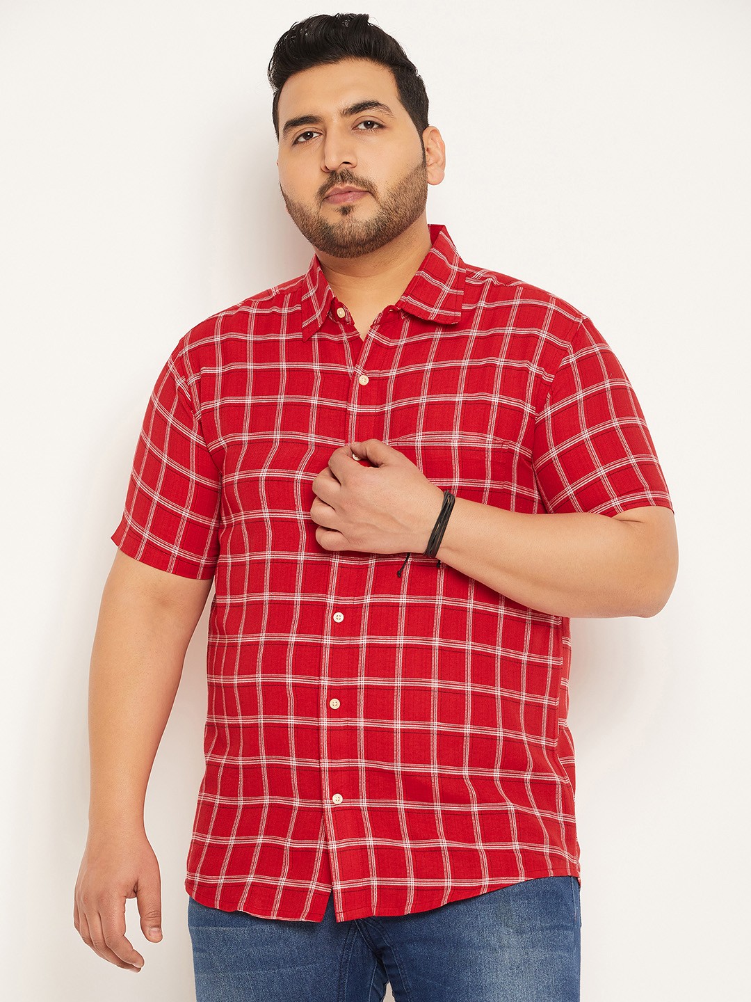 

bigbanana Plus Size Windowpane Checked Pure Cotton Casual Shirt, Red