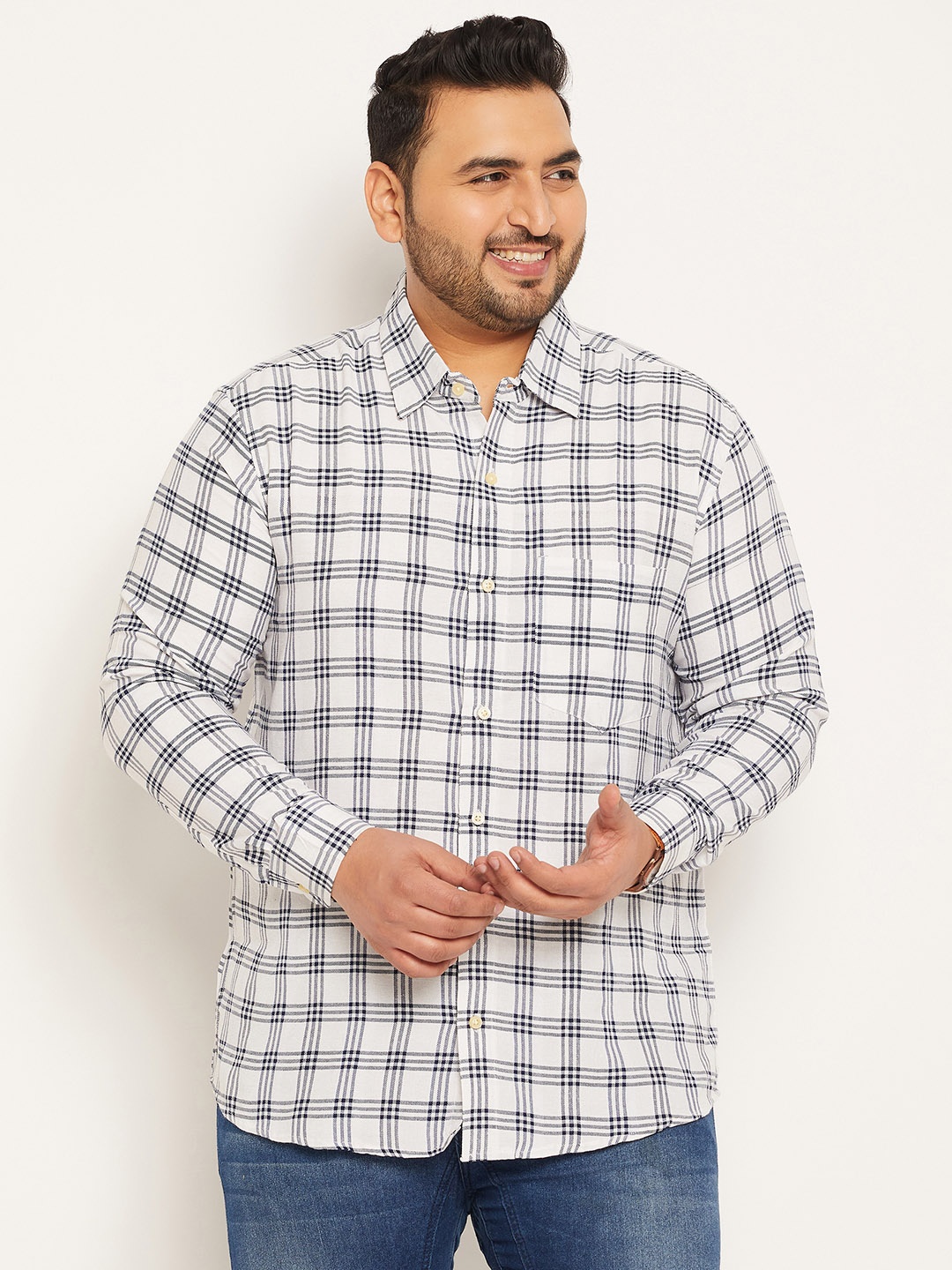 

bigbanana Plus Size Checked Pure Cotton Casual Shirt, White