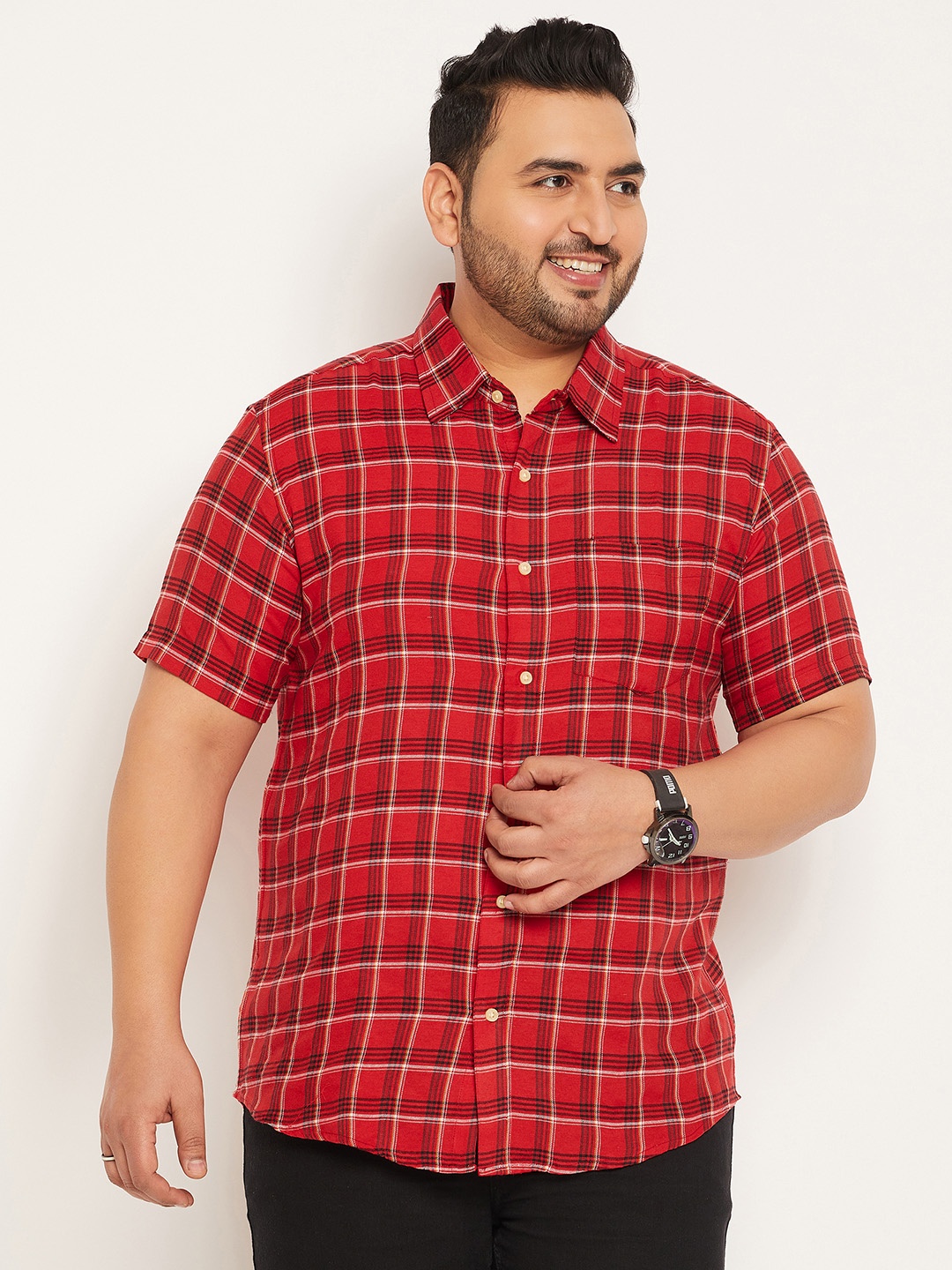 

bigbanana Plus Size Tartan Checked Pure Cotton Casual Shirt, Red