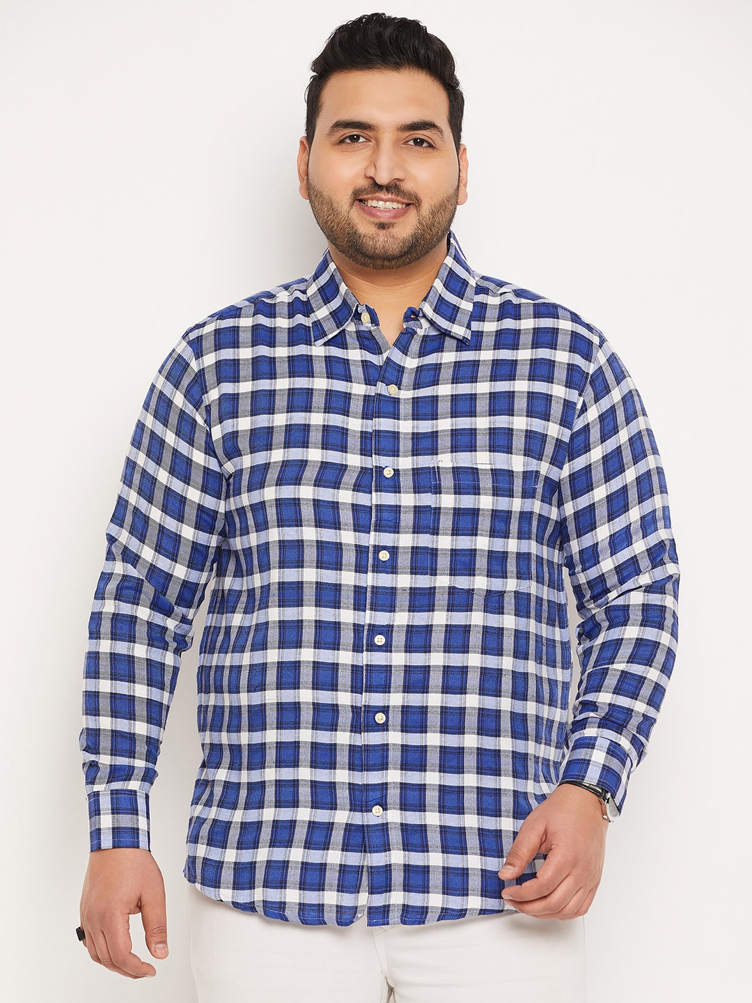 

bigbanana Plus Size Checked Spread Collar Long Sleeves Cotton Casual Shirt, Blue