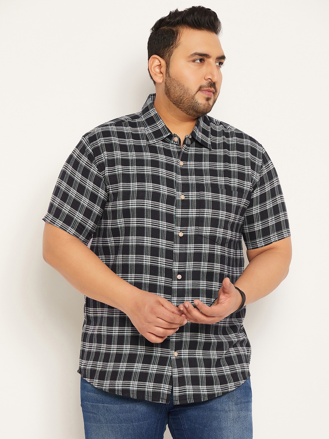 

bigbanana Plus Size Tartan Checked Pure Cotton Casual Shirt, Black