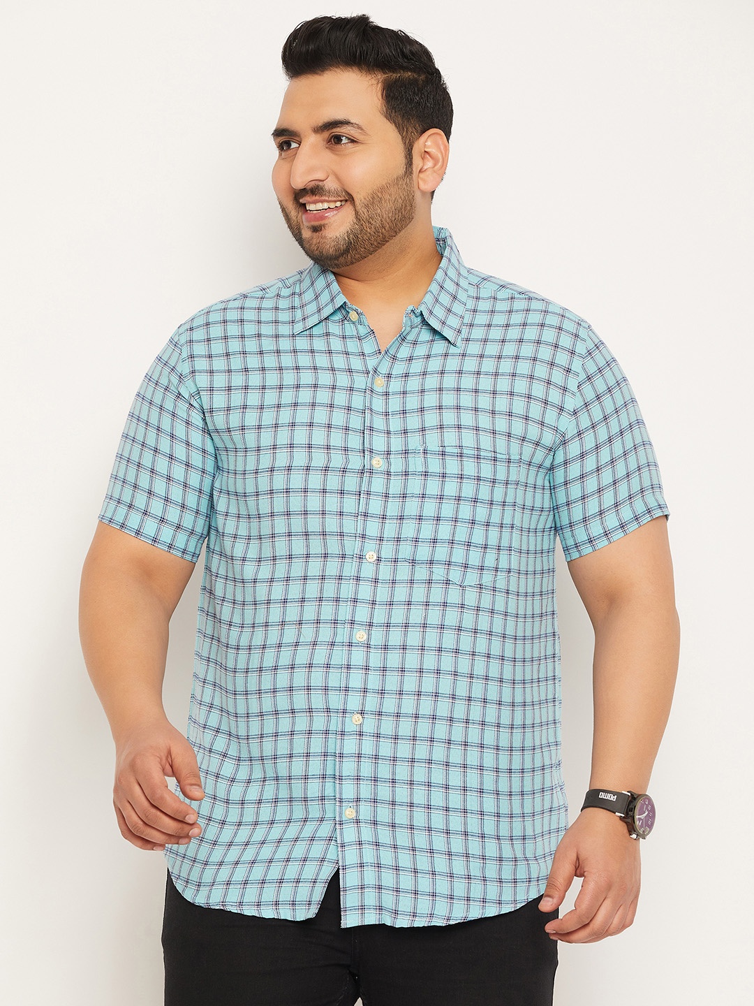 

bigbanana Men Plus Size Spread Collar Checked Pure Cotton Casual Shirt, Blue