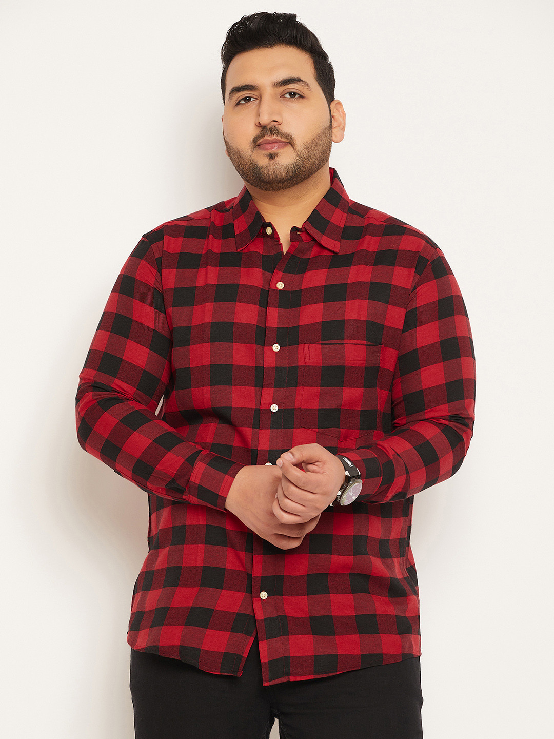 

bigbanana Plus Size Buffalo Checked Pure Cotton Casual Shirt, Red
