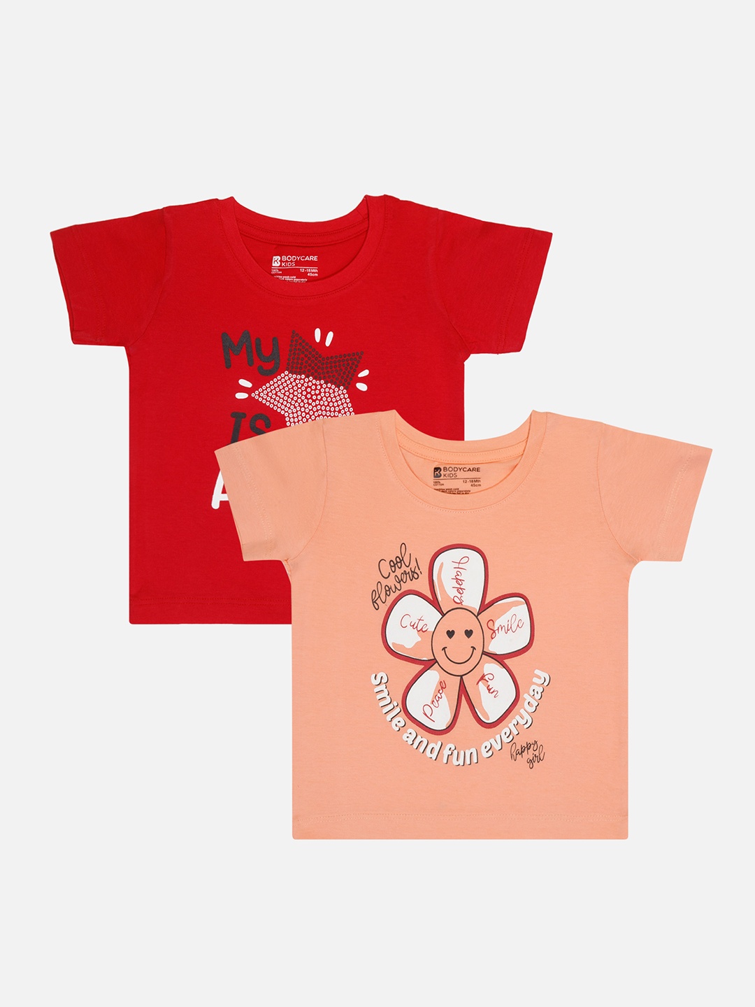 

Bodycare Girls Pack Of 2 Typography Printed Cotton T-shirt, Red