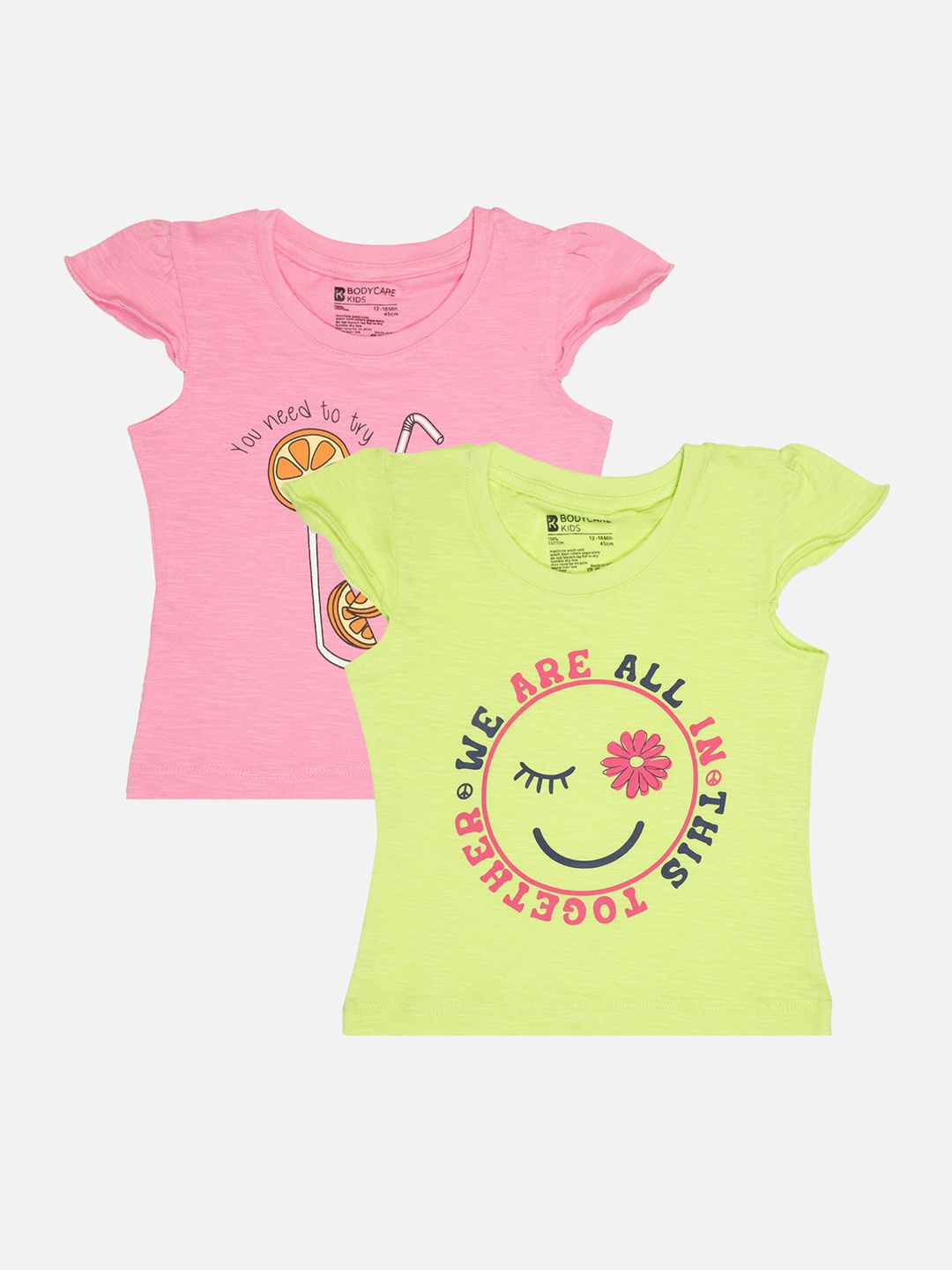 

Bodycare Infants Girls Pack of 2 Typography Printed Cotton T-shirts, Green