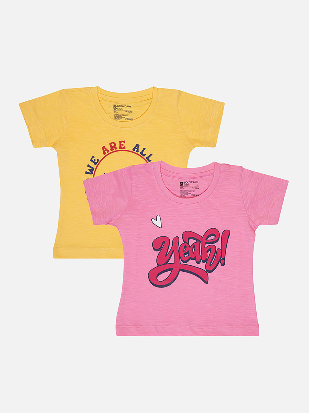 

Bodycare Girls Pack Of 2 Typography Printed Round Neck Short Sleeves Cotton T-shirt, Yellow