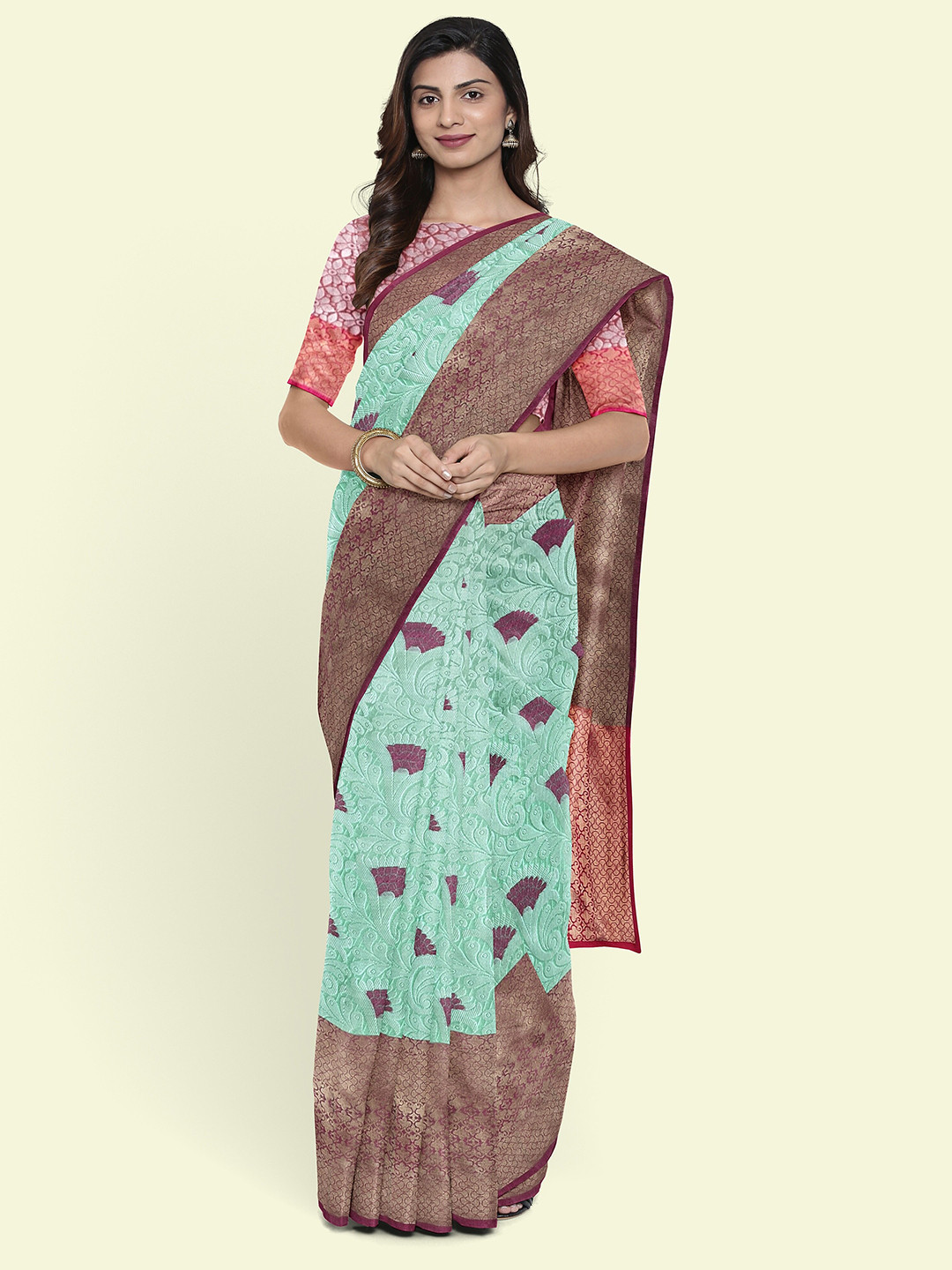 

Muskan Fashion Ethnic Motifs Woven Design Zari Banarasi Saree, Sea green