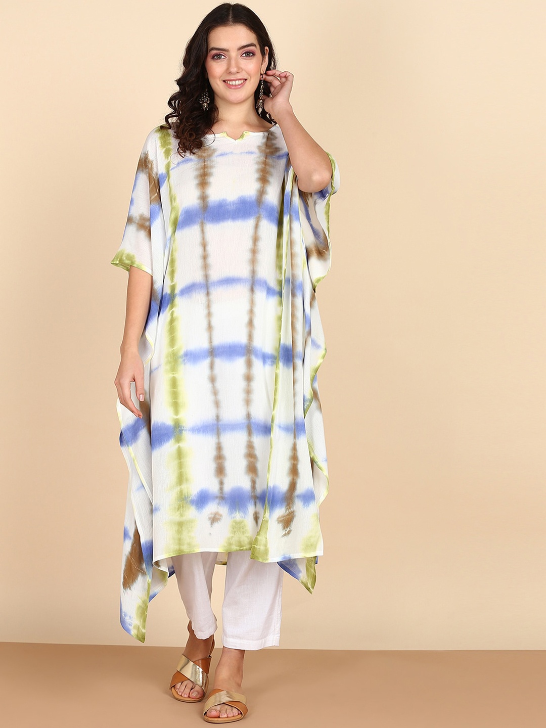 

Maaesa Tie & Dyed Printed Notch Neck Extended Sleeves Crepe Kaftan Kurta, White