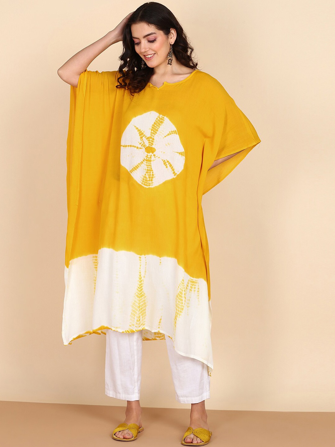 Maaesa Ethnic Motifs Extended Sleeves Thread Work Crepe Kaftan Kurta, Yellow