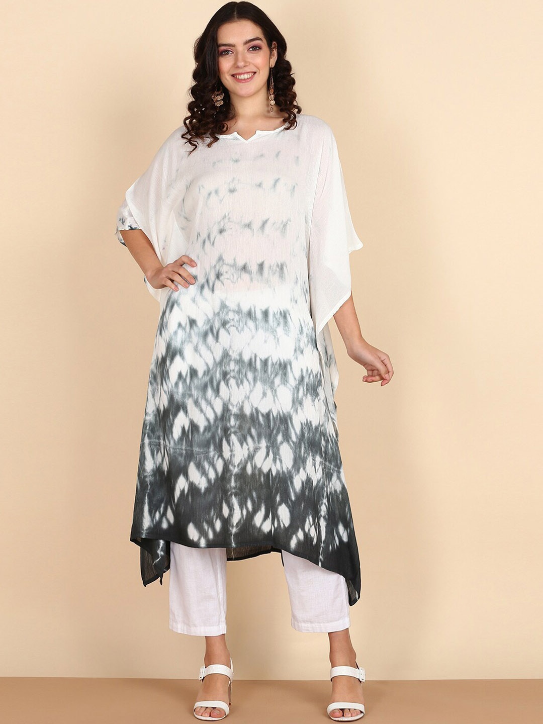 

Maaesa Tie & Dyed Printed Notch Neck Extended Sleeves Crepe Kaftan Kurta, White