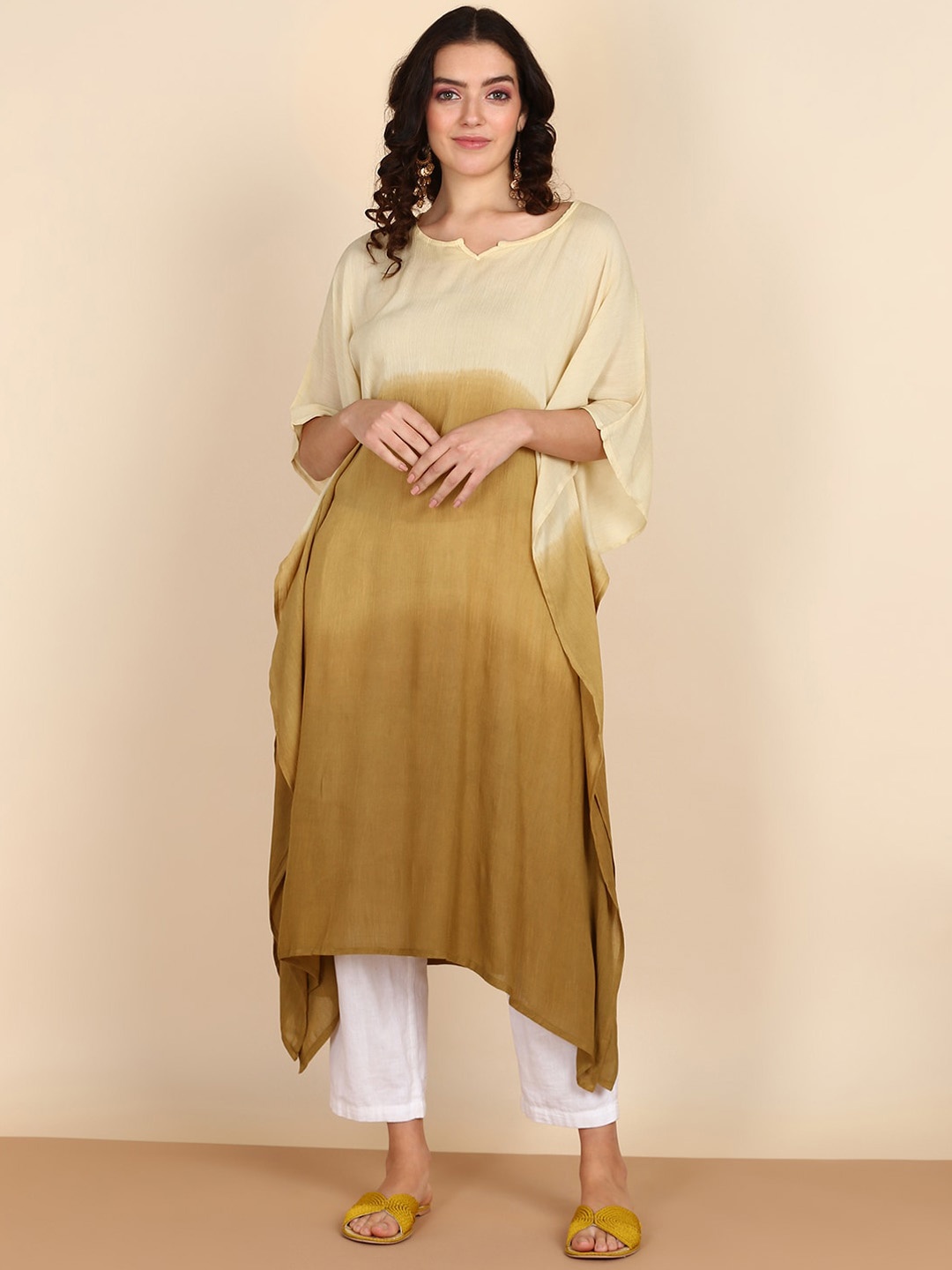 

Maaesa Dyed V- Neck Flared Sleeves Crepe Kaftan Kurta, Mustard