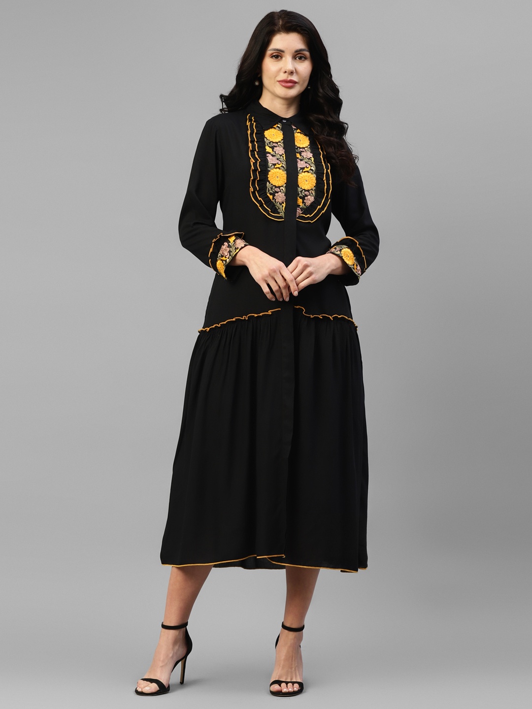 

DEEBACO Floral Embroidered Cuffed Sleeves A-Line Midi Dress, Black