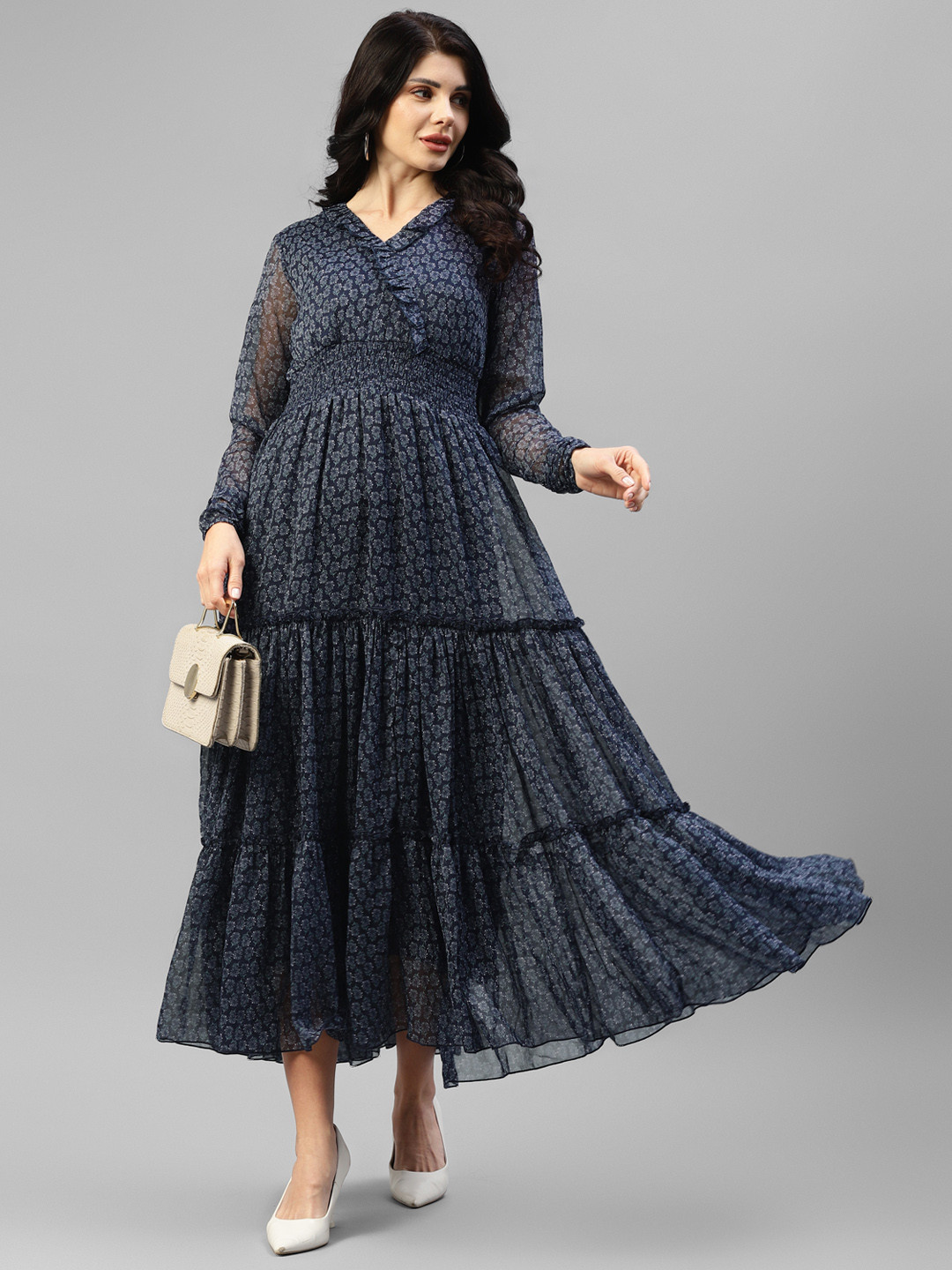 

DEEBACO Floral Printed Puff Sleeve Tiered Chiffon Fit and Flare Midi Dress, Navy blue