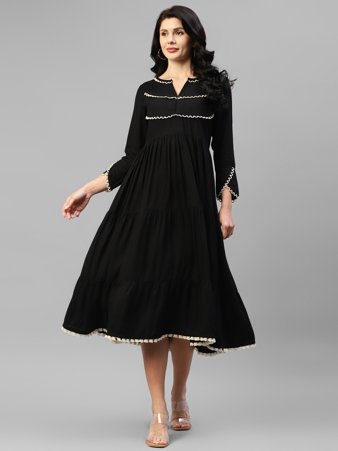 DEEBACO Round Neck Tiered A-Line Midi Dress, Black