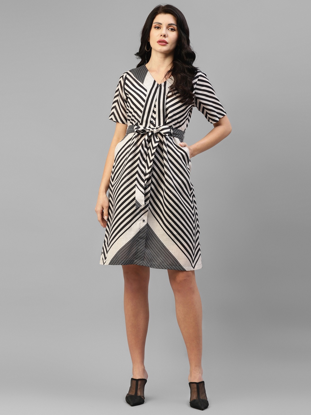 

DEEBACO Striped Linen A-Line Dress, White