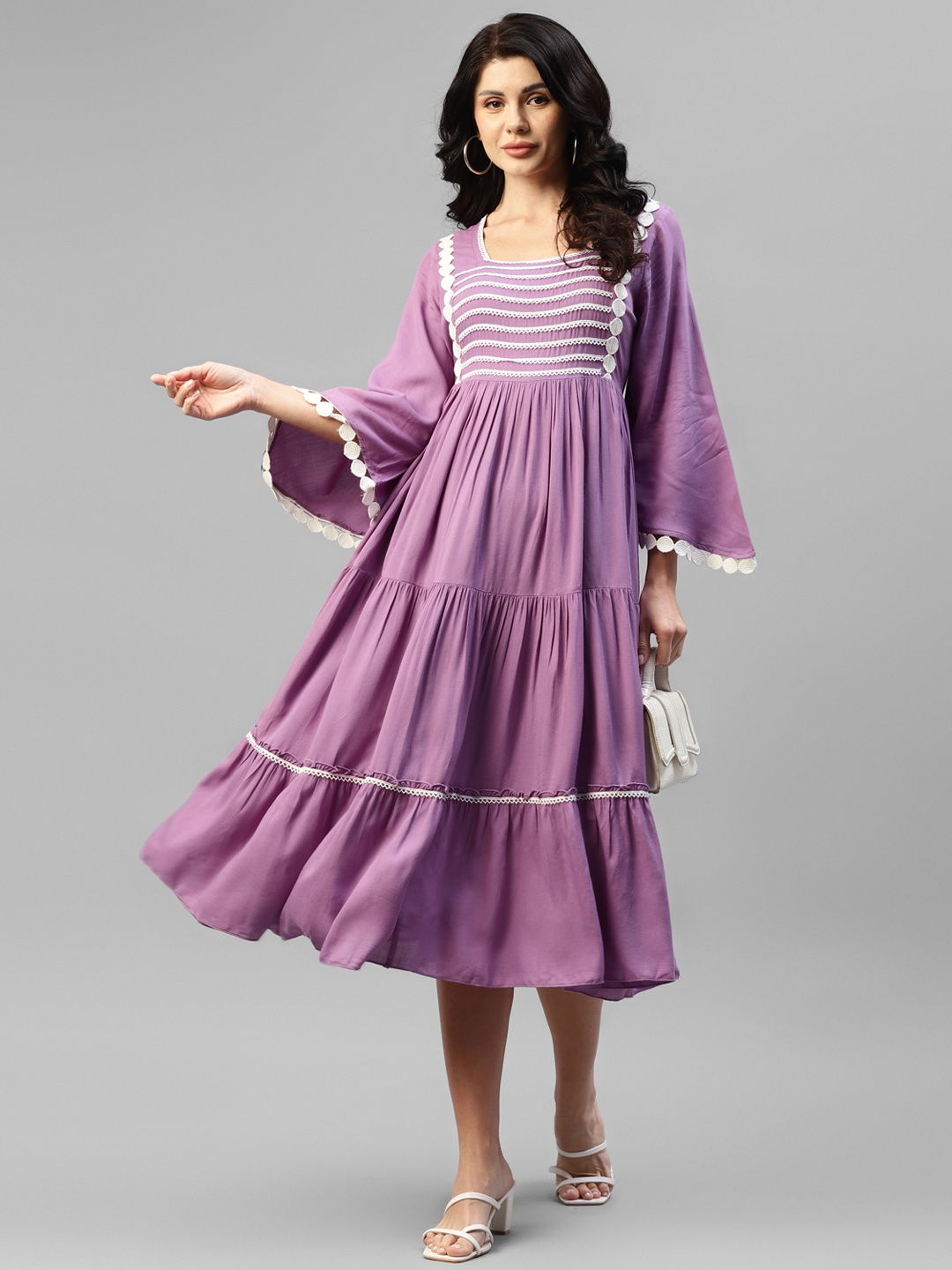 

DEEBACO Striped Flared Sleeve Fit & Flare Midi Dress, Lavender