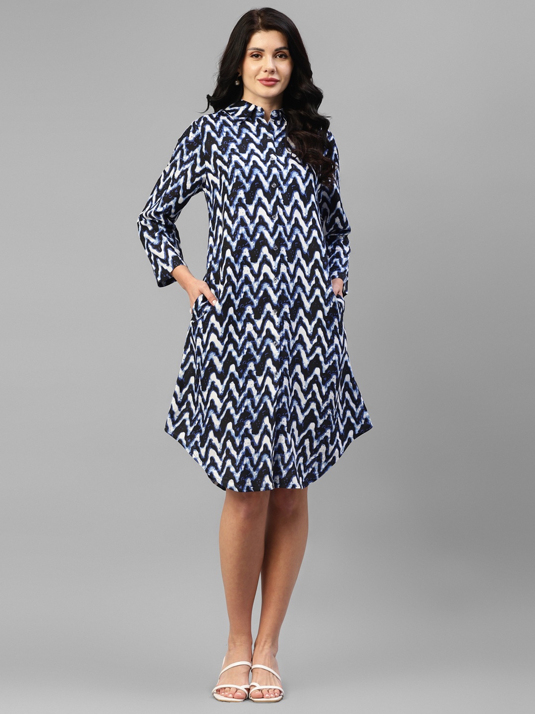 

DEEBACO Geometric Printed Mandarin Collar Shirt Style Dress, Blue