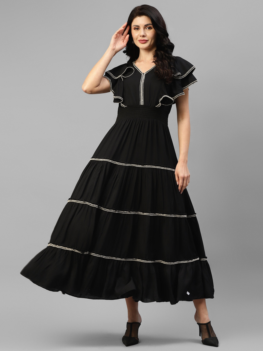 

DEEBACO V-Neck Tiered Flutter Sleeves Maxi Dress, Black
