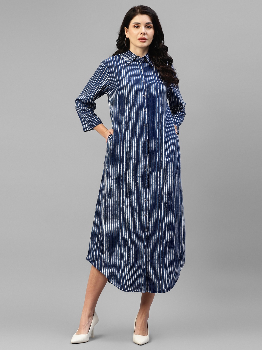 

DEEBACO Striped Shirt Style Midi Dress, Blue