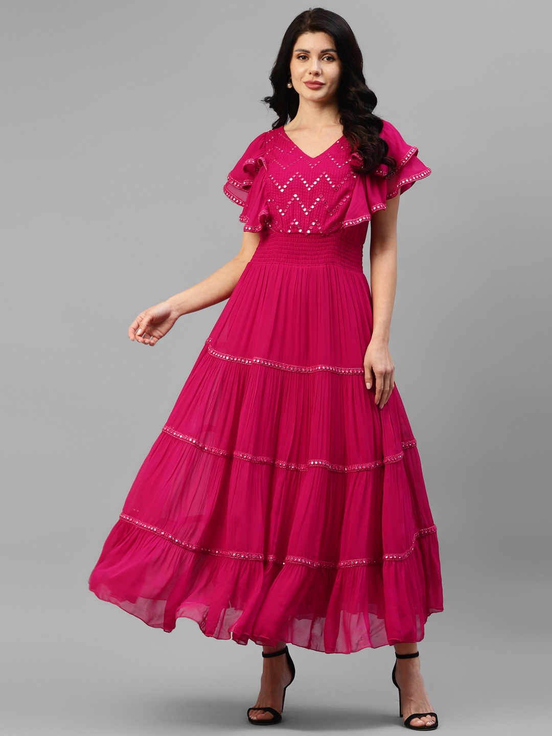 

DEEBACO Flutter Sleeve V-Neck Georgette Maxi Dress, Magenta
