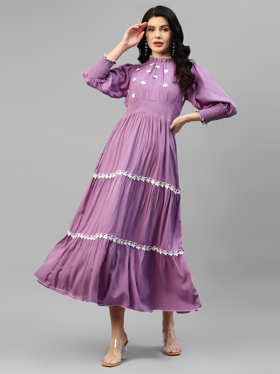 

DEEBACO High Neck Cuffed Sleeves Embroidered Tiered Fit & Flare Maxi Dress, Lavender