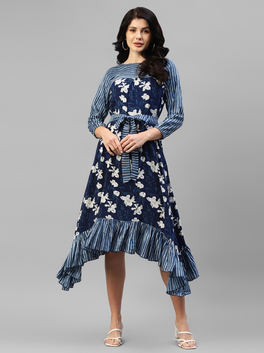 

DEEBACO Floral Printed Round Neck Belted A-Line Midi Dress, Blue