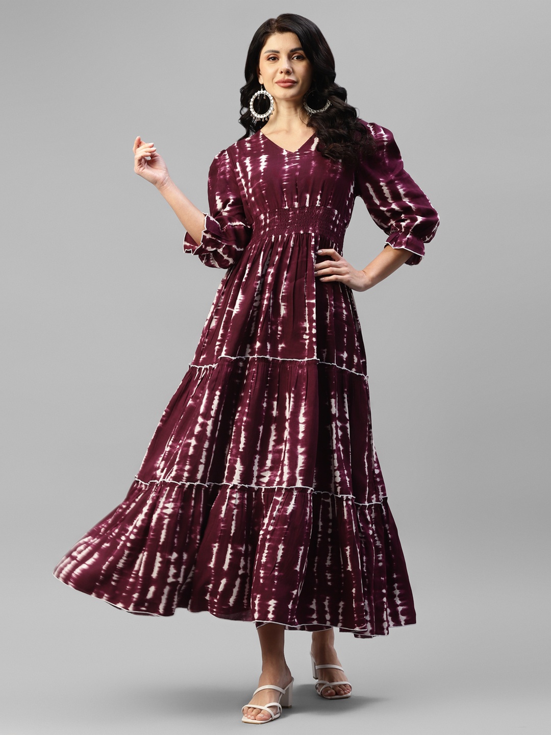 

DEEBACO Tie and Dye Puff Sleeves Smocked Tiered Maxi Dress, Maroon