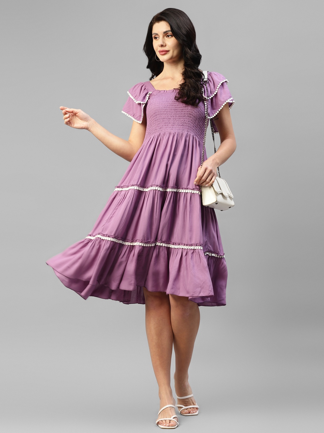 

DEEBACO Flutter Sleeves Smocked Tiered Empire Dress, Lavender