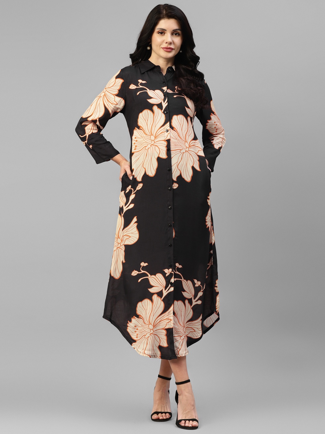 

DEEBACO Floral Printed Shirt Style Midi Dress, Black