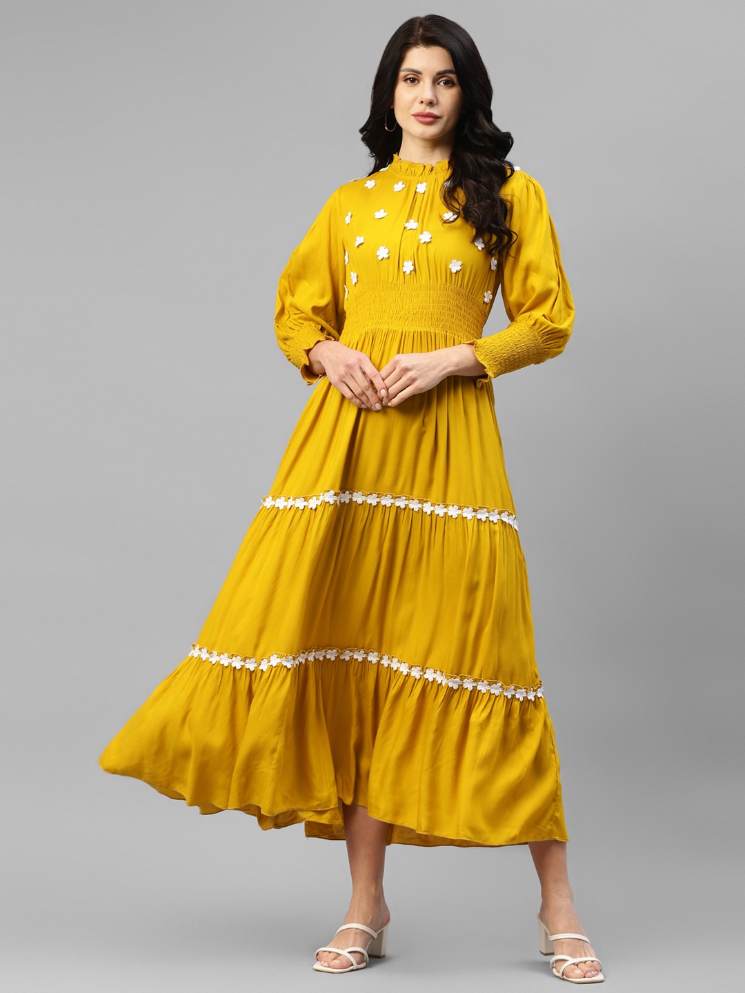 

DEEBACO Floral Embroidered Smocked Fit & Flare Midi Dress, Yellow