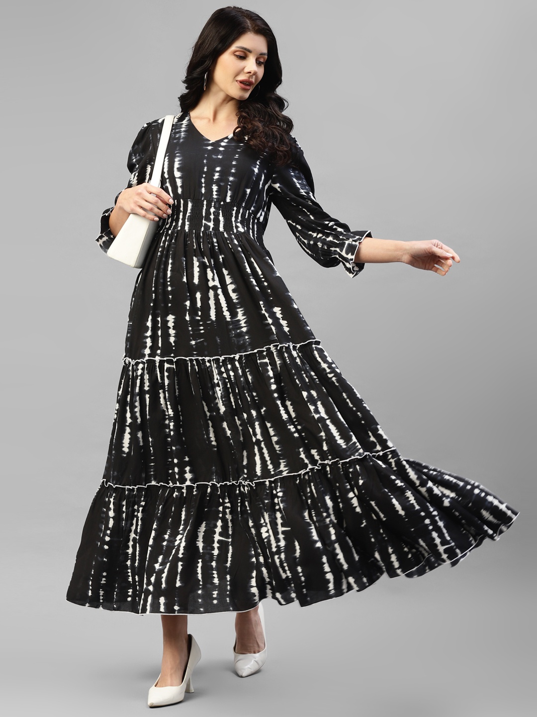 

DEEBACO Tie and Dye Tiered Maxi Dress, Black