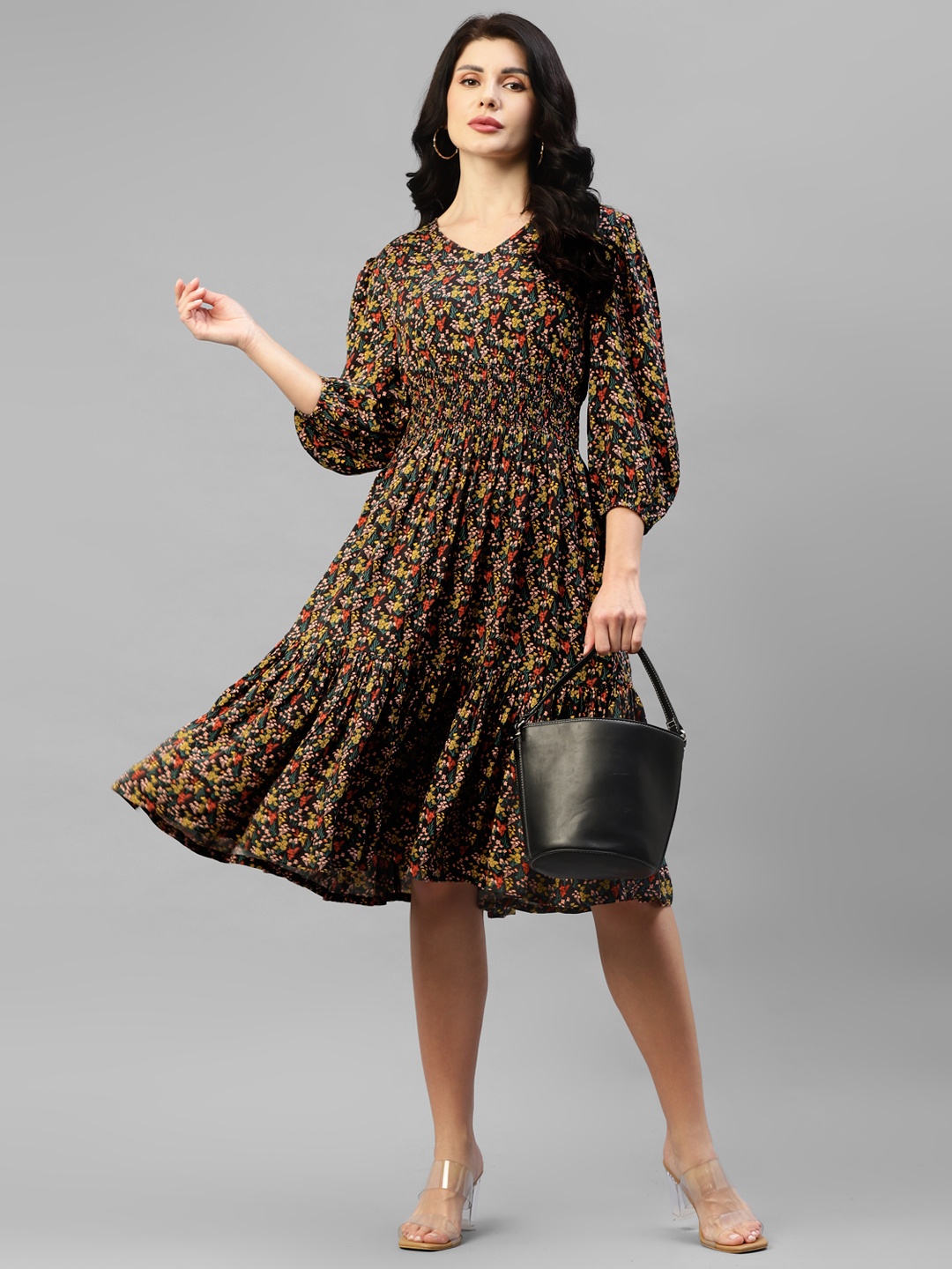DEEBACO Floral Printed Puffed Sleeves Tiered Fit & Flare Dress, Black