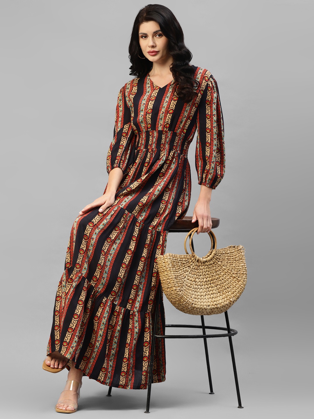 DEEBACO Ethnic Motifs Printed Puffed Sleeves Tiered Fit and Flare Maxi Dress, Maroon