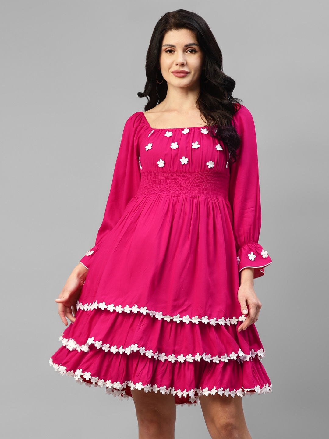 

DEEBACO Embroidered Layered Square Neck Puffed Sleeves Fit & Flare Dress, Magenta