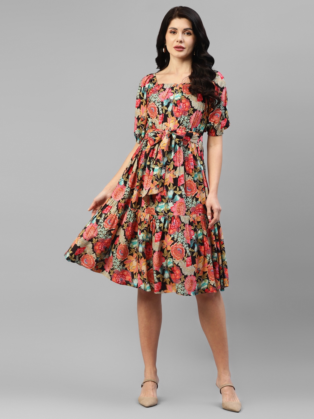 

DEEBACO Floral Printed Puff Sleeves Tie-Ups Tiered Fit & Flare Dress, Orange