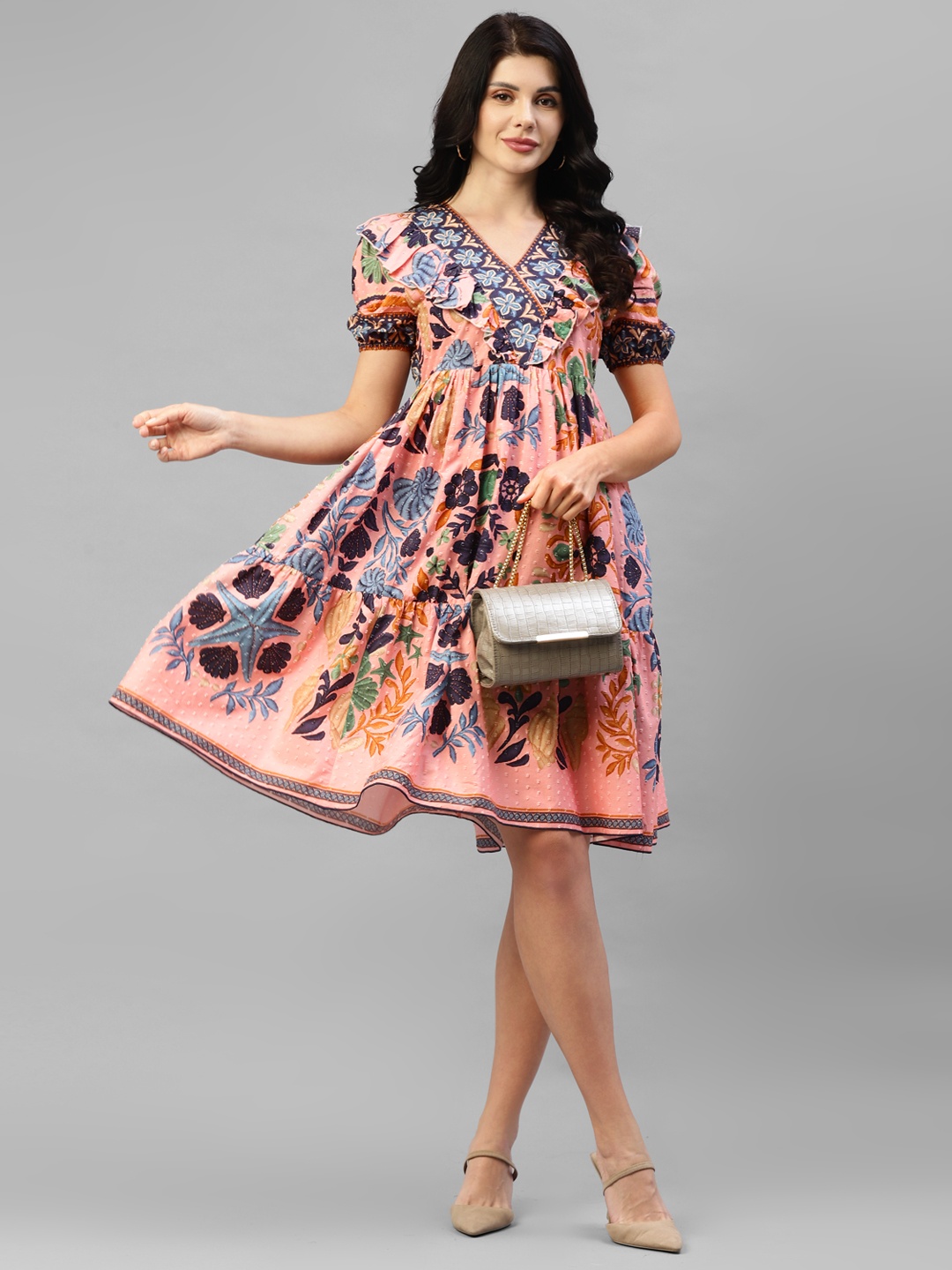 

DEEBACO Floral Printed V-Neck Puff Sleeves Ruffled Tiered Fit & Flare Dress, Pink