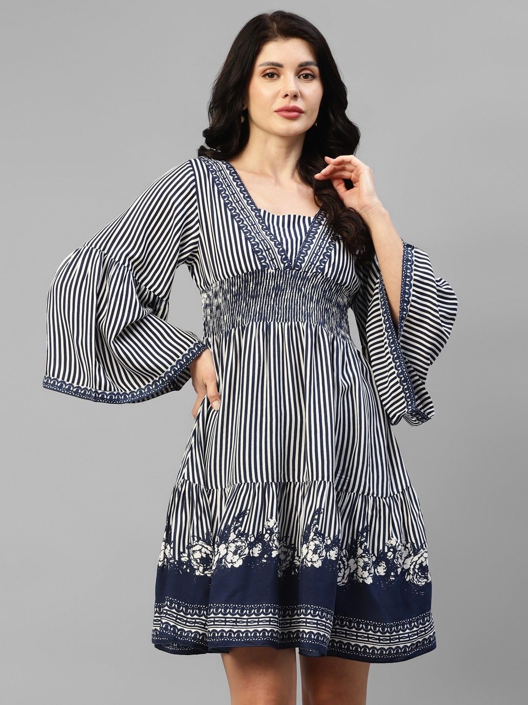 

DEEBACO Striped Flared Sleeves Smocked Tiered Empire Dress, Blue