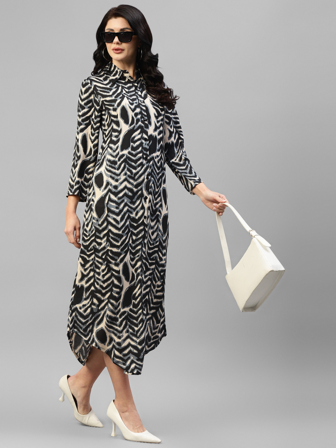 

DEEBACO Printed Shirt Midi Dress, Beige