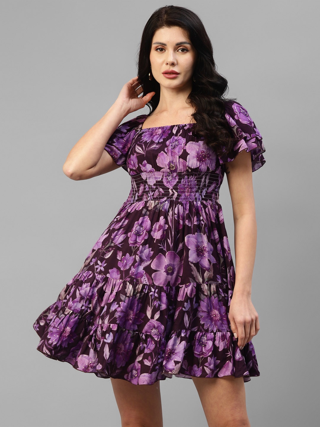 

DEEBACO Floral Printed Square Neck Flutter Sleeves Smocked Tiered Fit & Flare Dress, Purple