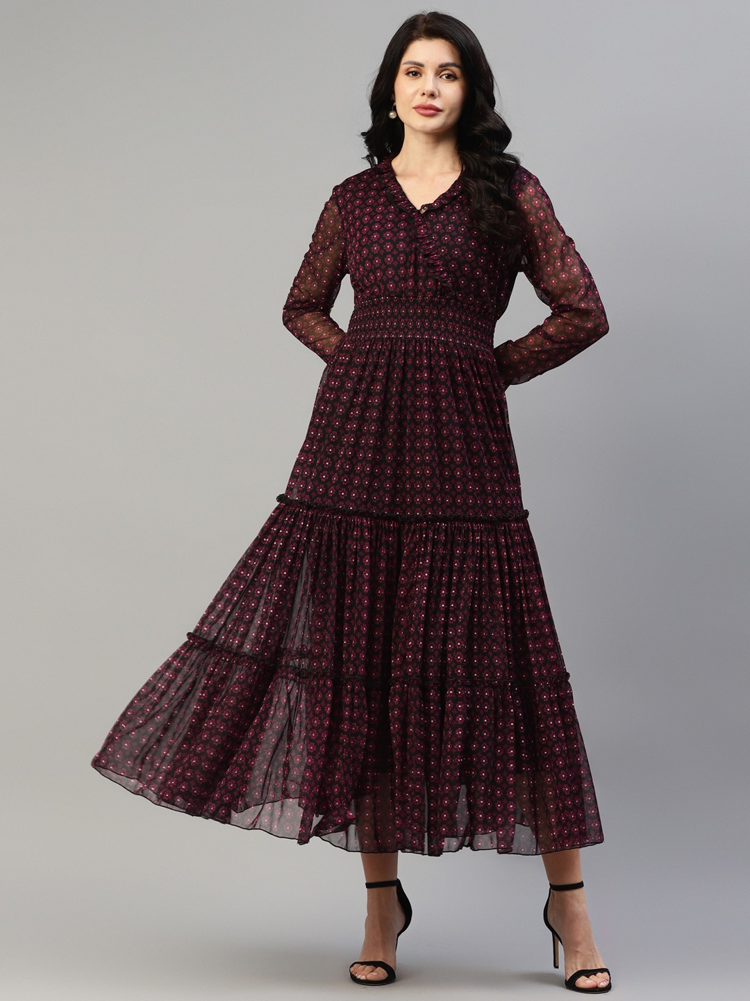 

DEEBACO Floral Printed Smocked Tiered Net Maxi Dress, Maroon