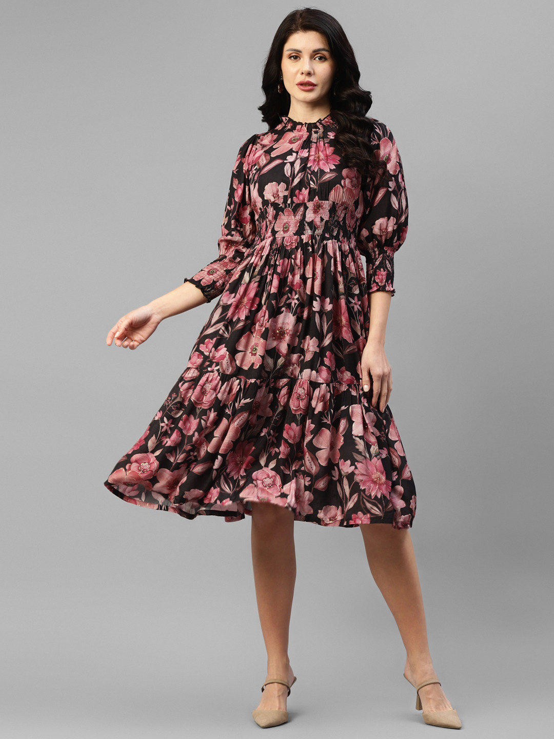 

DEEBACO Floral Printed High Neck Puffed Sleeves Smocked Tiered Fit and Flare Dress, Black
