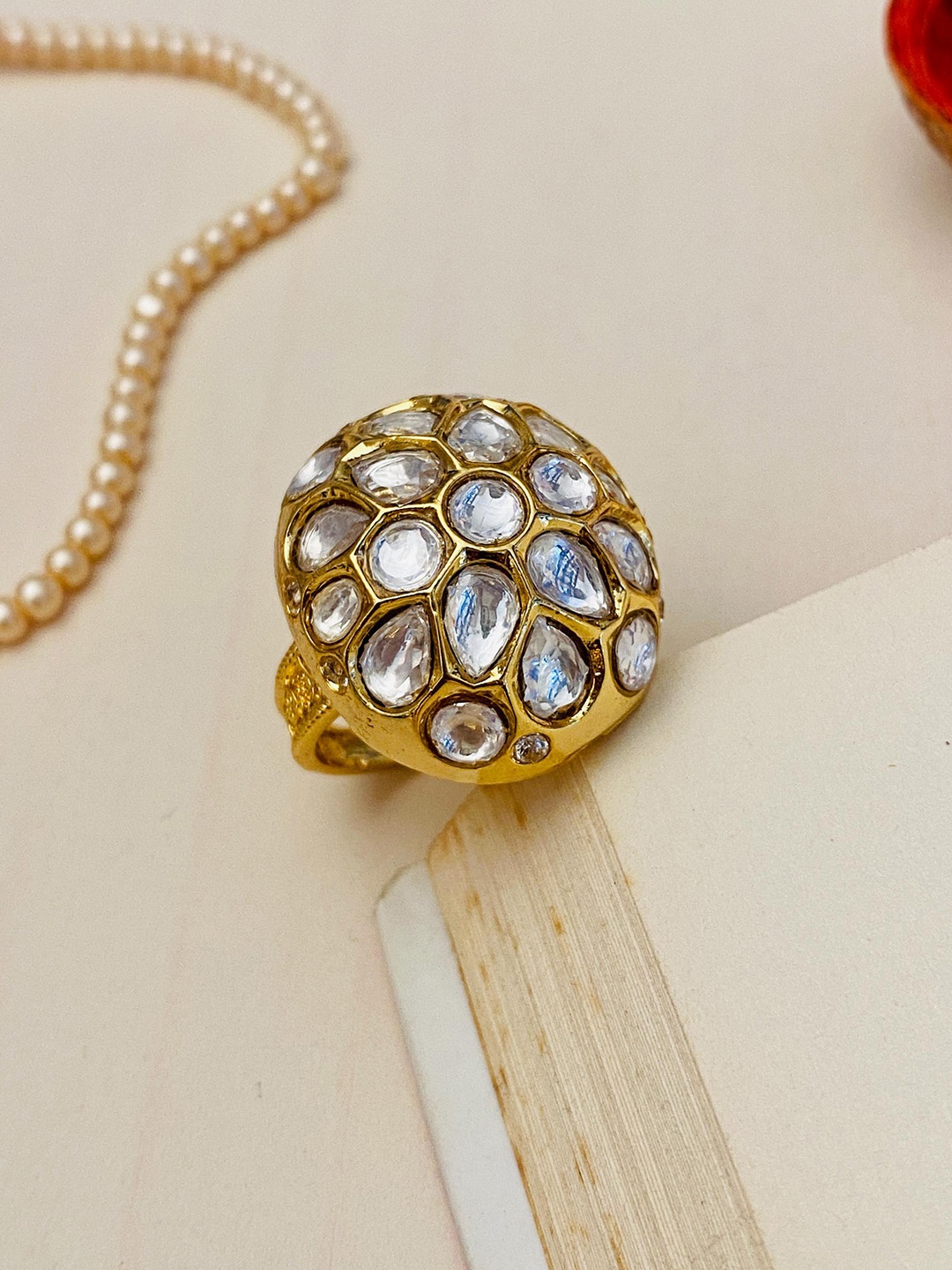 

ABDESIGNS Gold-Plated Polki-Studded Brass Finger Ring