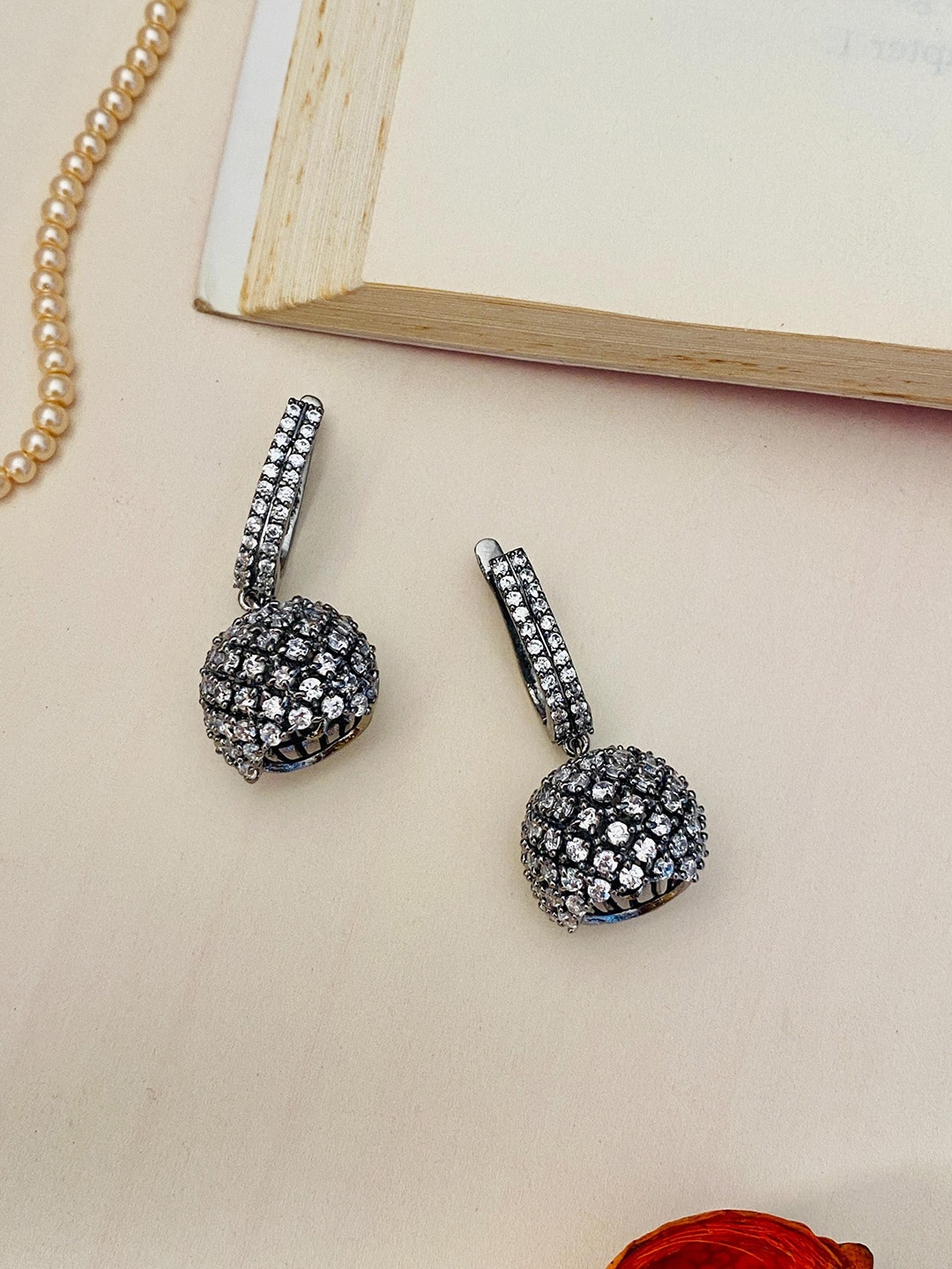 

ABDESIGNS Silver-Plated Stone-Studded Brass Dome Shaped Oxidised Jhumkas