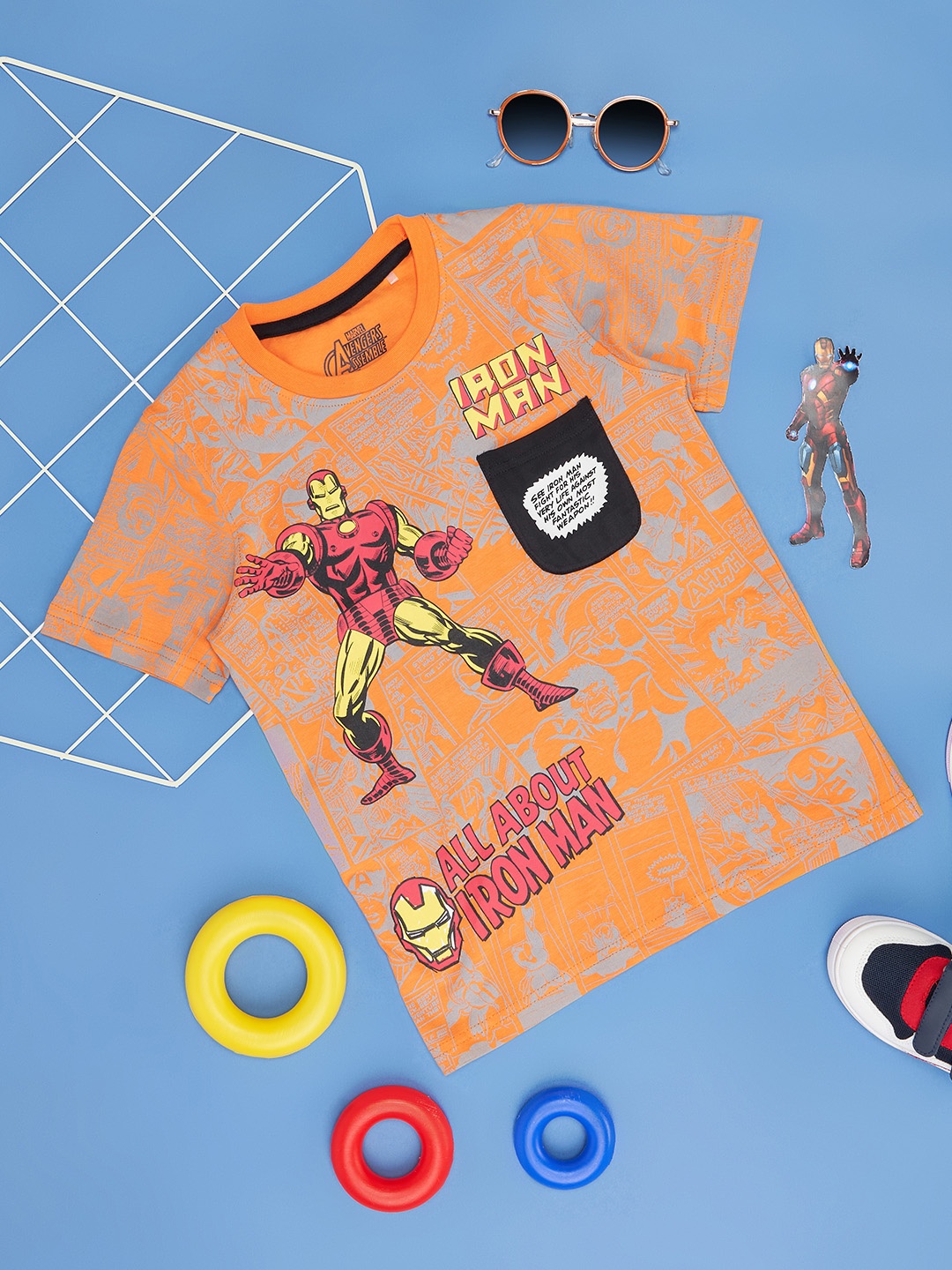 Pantaloons Junior Boys Iron Man Printed Round Neck Short Sleeves Cotton Regular T-shirt, Orange