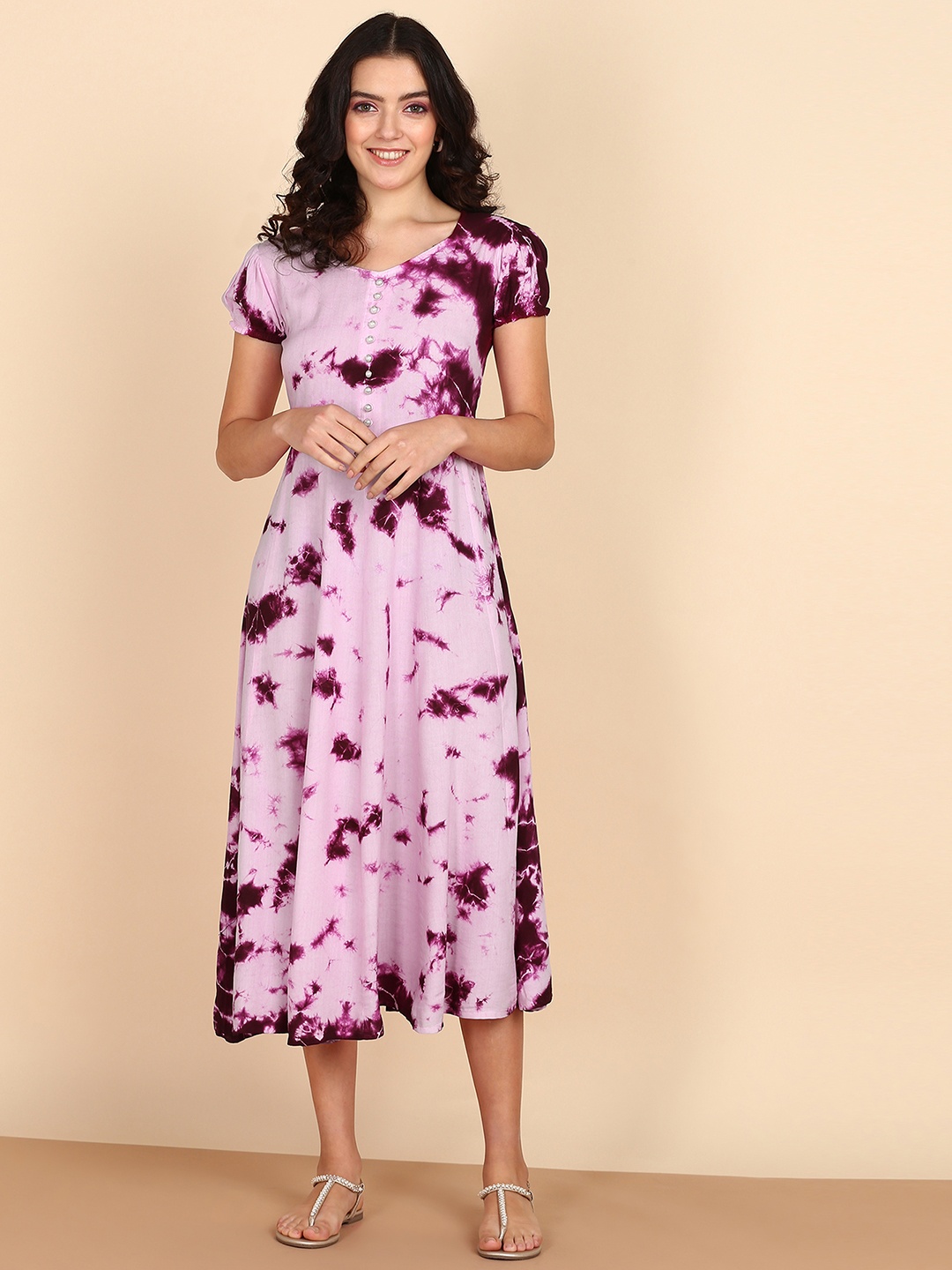 

Maaesa Tie and Dyed Puff Sleeve A-Line Midi Dress, Purple