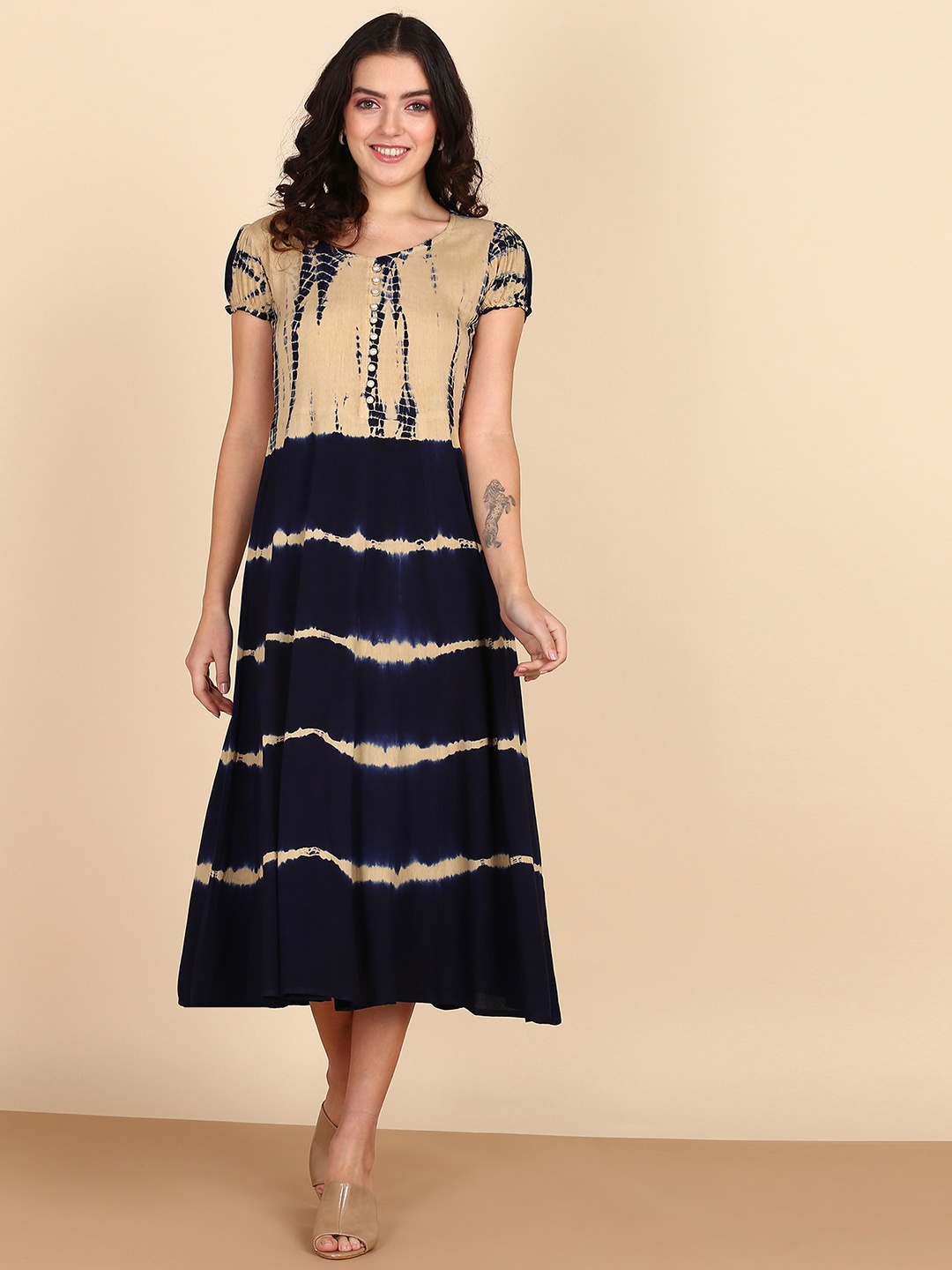 

Maaesa Tie and Dye Dyed A-Line Midi Dress, Beige